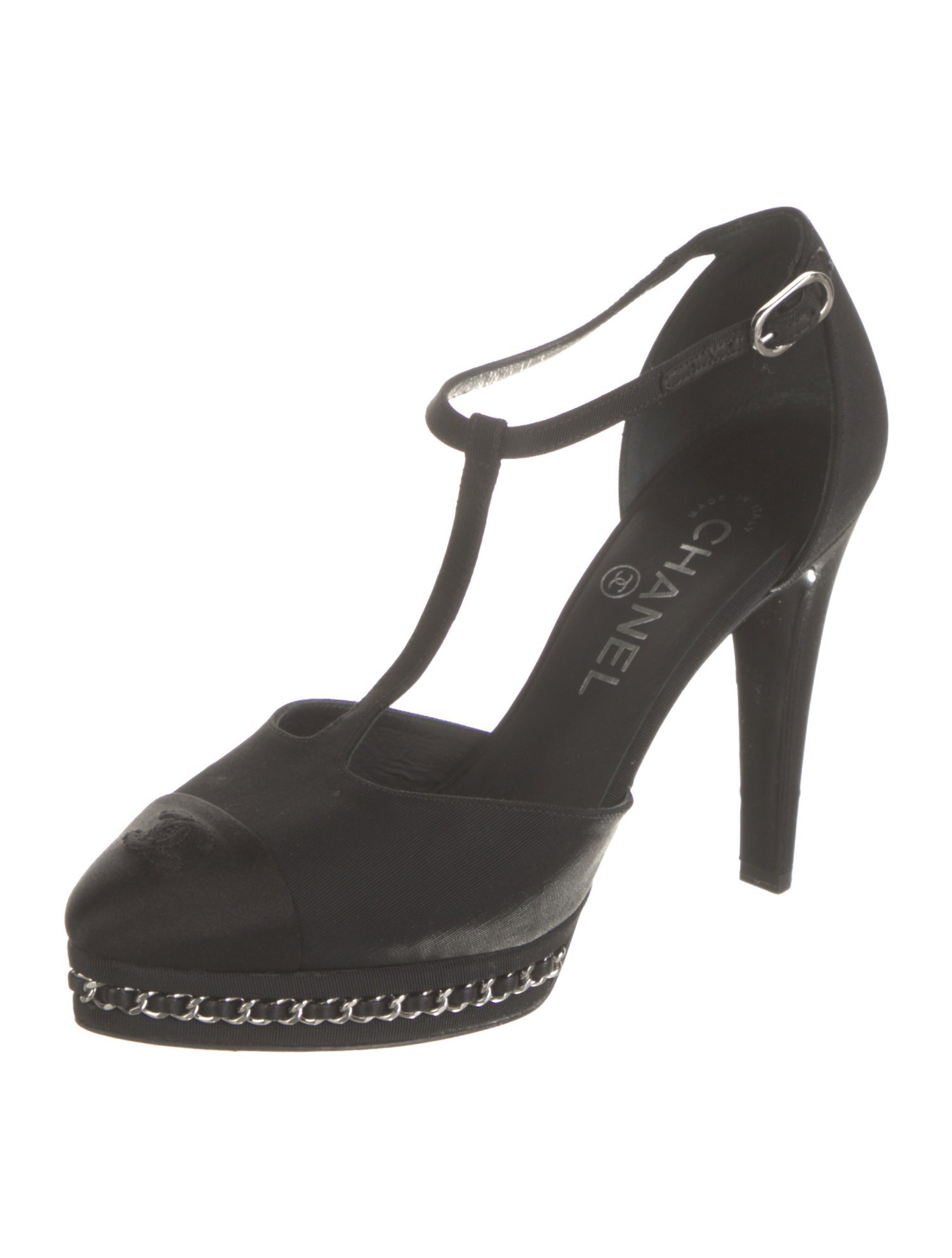 Chanel Interlocking CC Logo Chain-Link Accents T-Strap Pumps