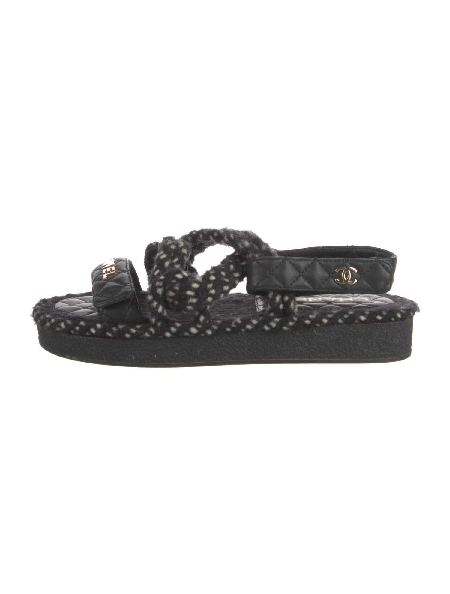 Chanel Interlocking CC Logo Tweed Slingback Sandals
