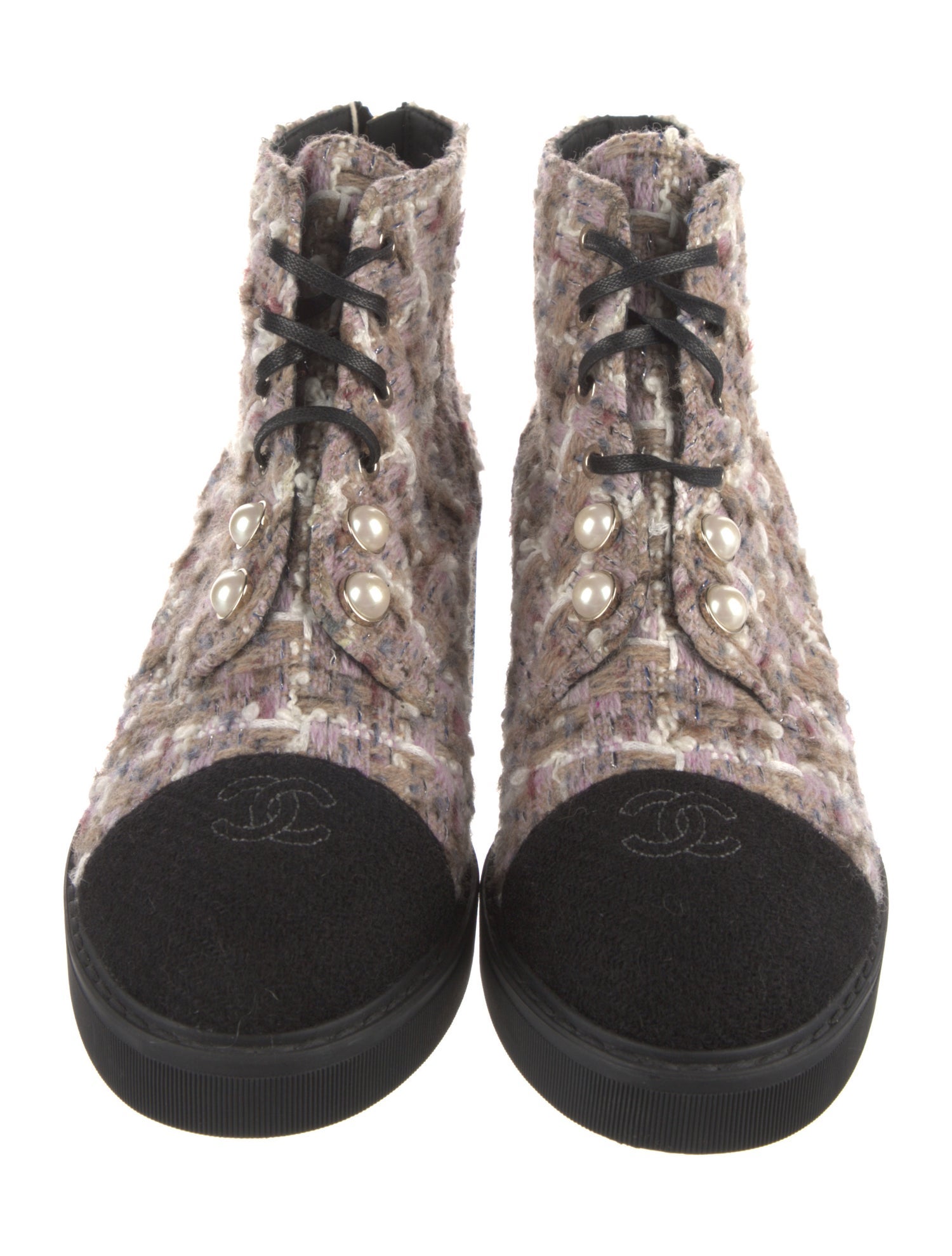 Chanel Interlocking CC Logo Tweed Lace-Up Boots