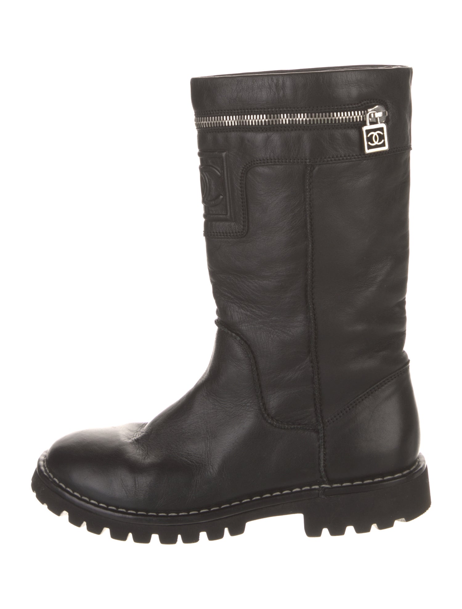Chanel Interlocking CC Logo Leather Moto Boots