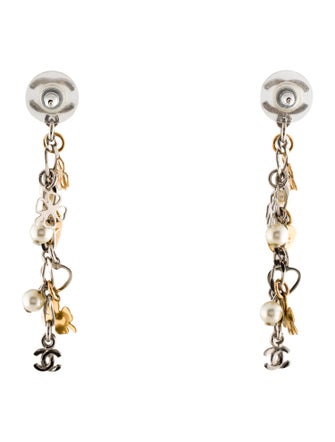 Chanel Faux Pearl CC Clover Drop Earrings