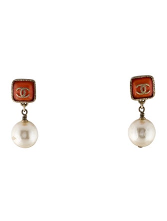 Chanel Faux Pearl & Resin CC Drop Earrings