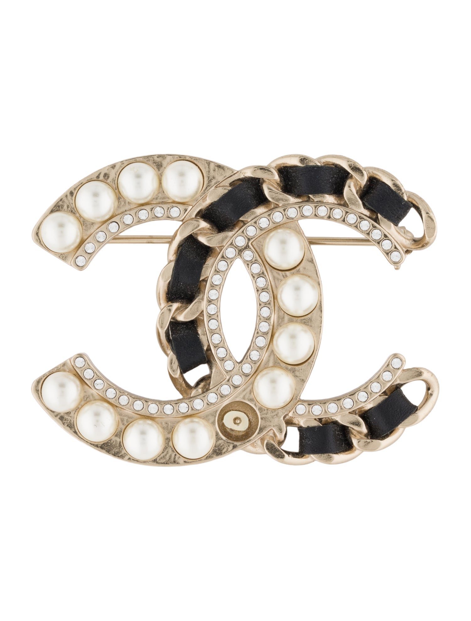 Chanel Faux Pearl, Strass, & Leather CC Brooch