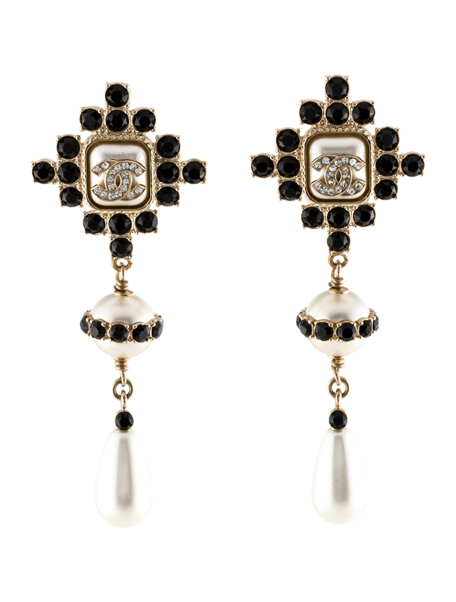 Chanel Faux Pearl & Strass Drop Earrings