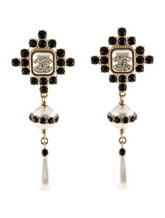 Chanel Faux Pearl & Strass Drop Earrings
