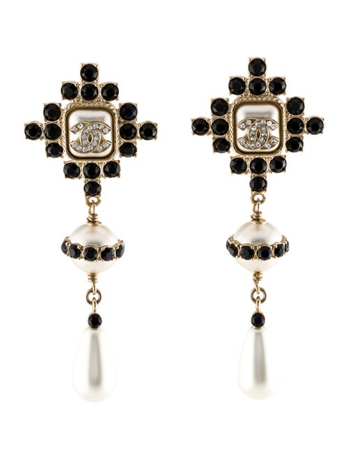 Chanel Faux Pearl & Strass Drop Earrings