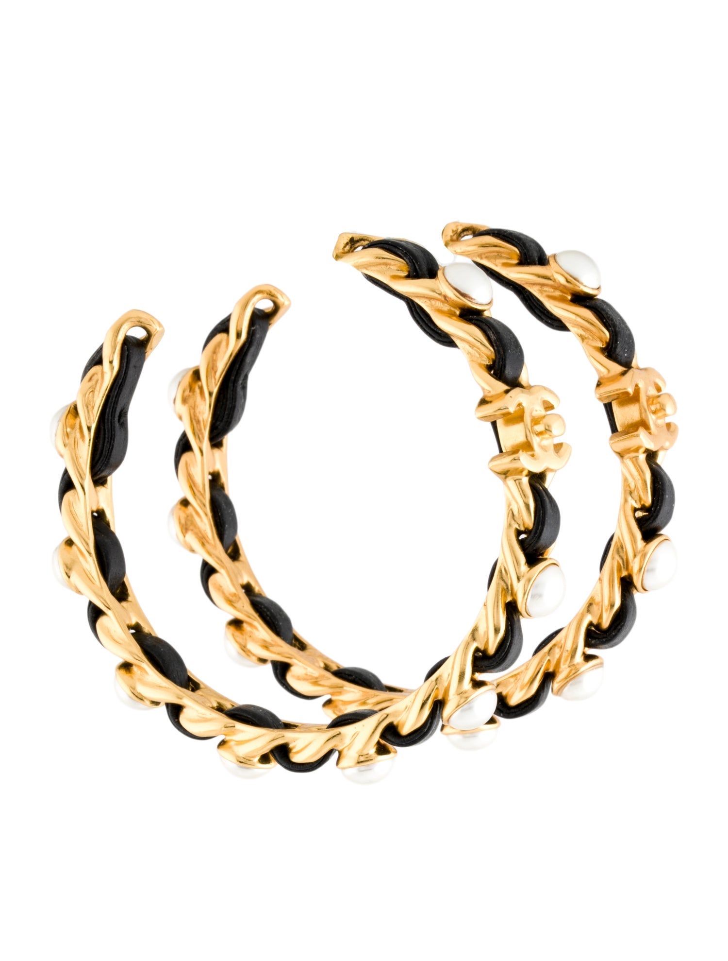 Chanel Faux Pearl & Leather CC Turnlock Hoop Earrings