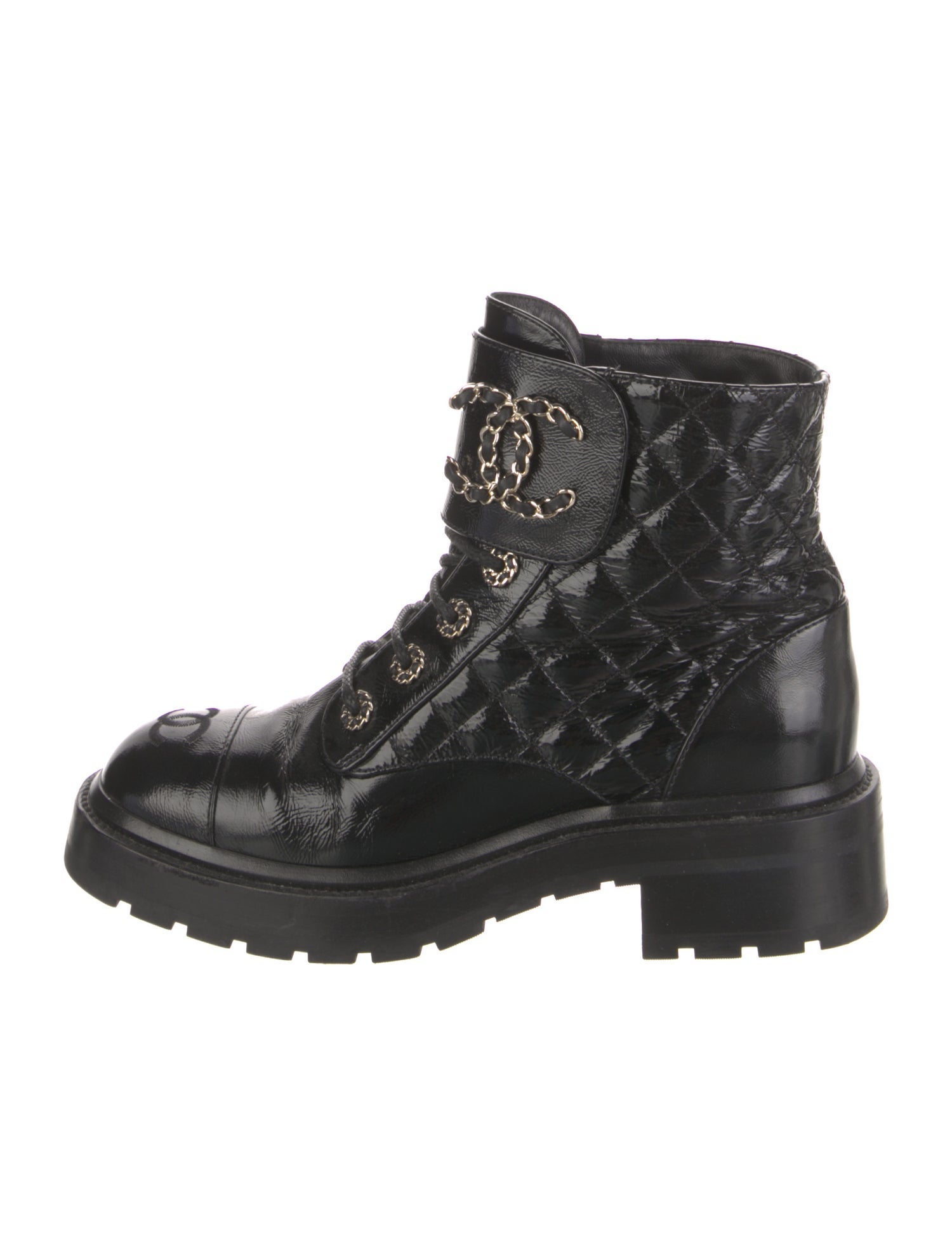Chanel Interlocking CC Logo Patent Leather Combat Boots