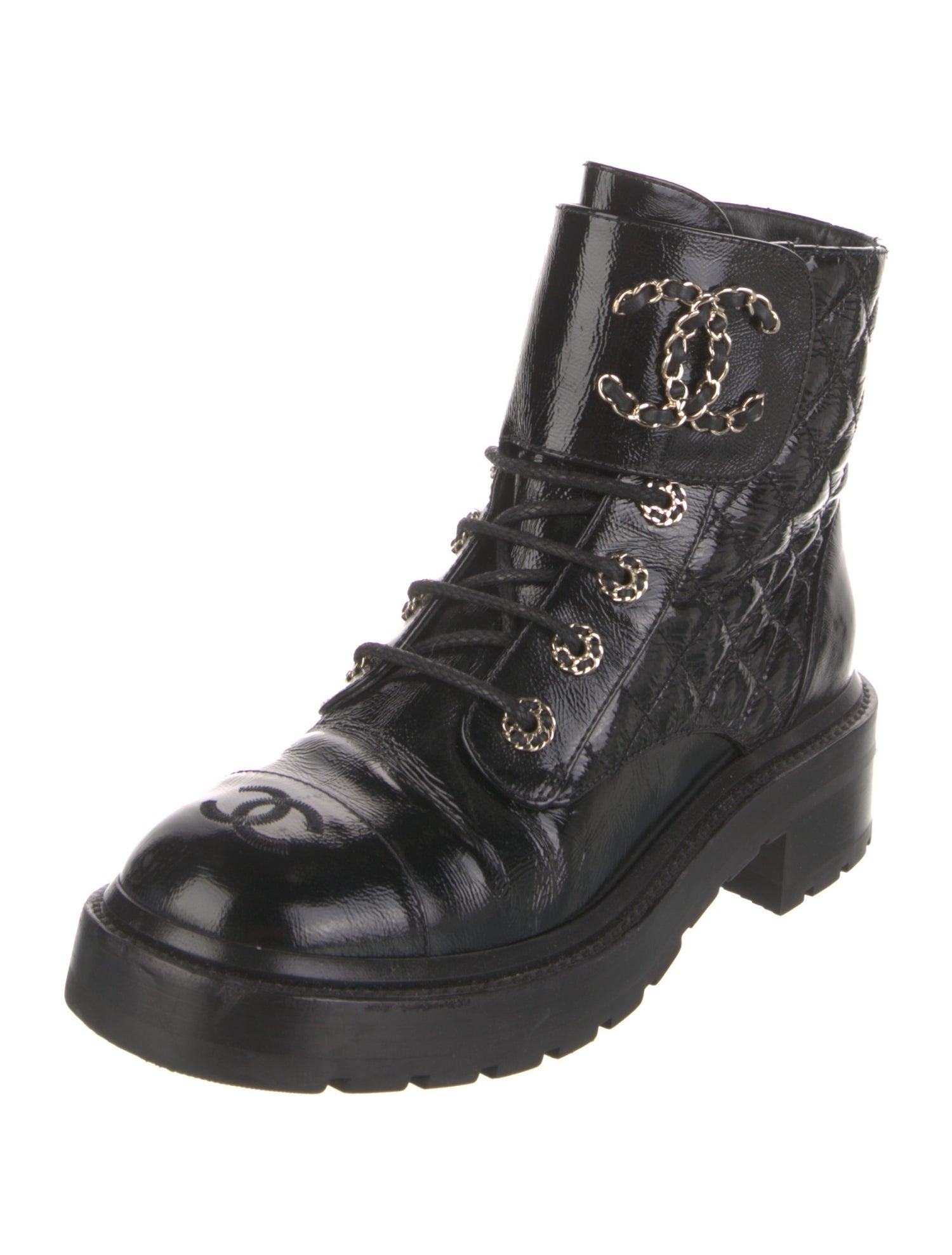 Chanel Interlocking CC Logo Patent Leather Combat Boots