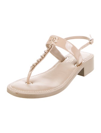 Chanel Interlocking CC Logo Patent Leather T-Strap Sandals