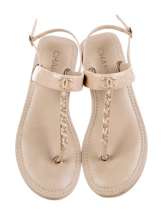 Chanel Interlocking CC Logo Patent Leather T-Strap Sandals