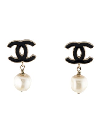 Chanel Faux Pearl & Enamel CC Drop Earrings