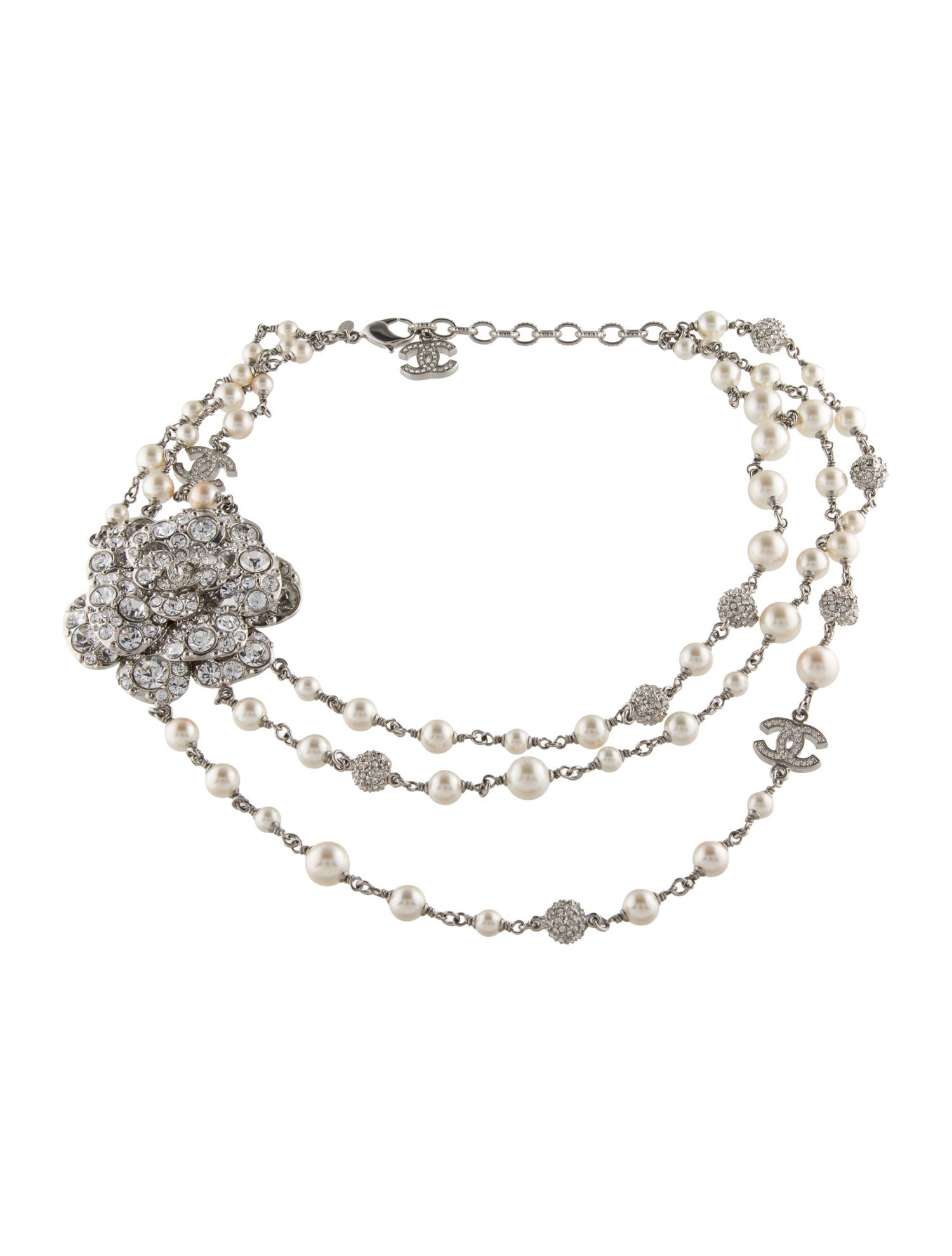 Chanel Faux Pearl & Strass Logo Camellia Multistrand Necklace