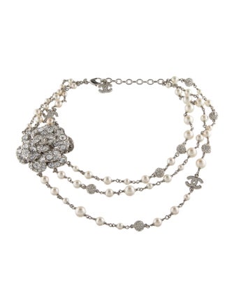 Chanel Faux Pearl & Strass Logo Camellia Multistrand Necklace