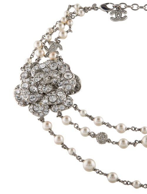 Chanel Faux Pearl & Strass Logo Camellia Multistrand Necklace