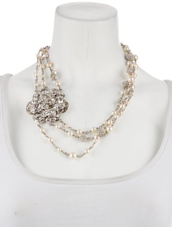 Chanel Faux Pearl & Strass Logo Camellia Multistrand Necklace