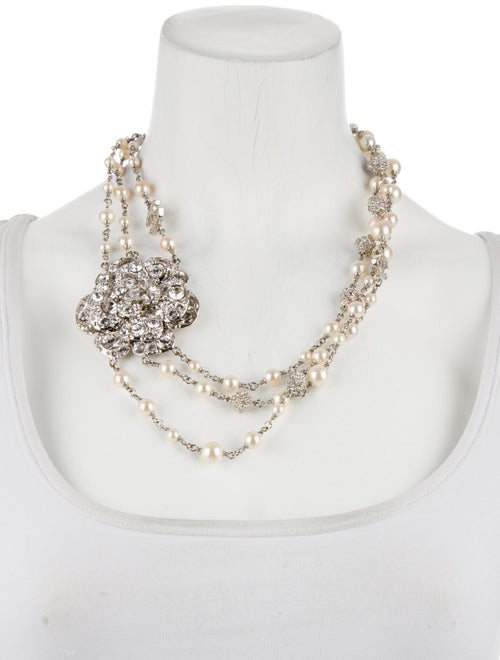 Chanel Faux Pearl & Strass Logo Camellia Multistrand Necklace