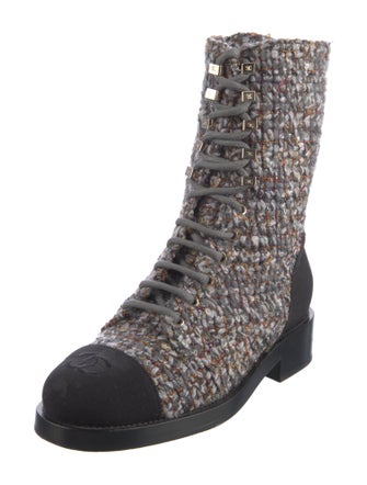 Chanel Interlocking CC Logo Tweed Combat Boots