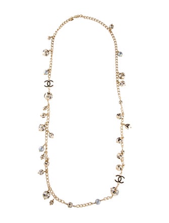 Chanel Faux Pearl & Resin CC Logo Station Long Necklace