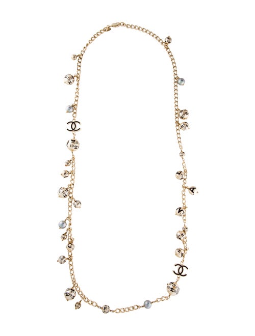 Chanel Faux Pearl & Resin CC Logo Station Long Necklace