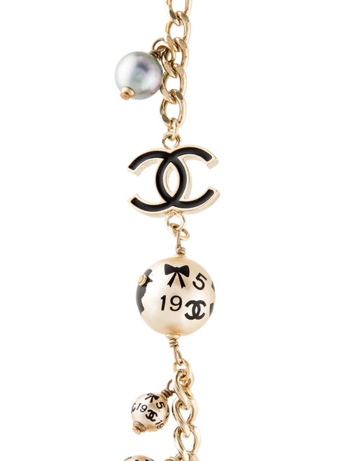 Chanel Faux Pearl & Resin CC Logo Station Long Necklace