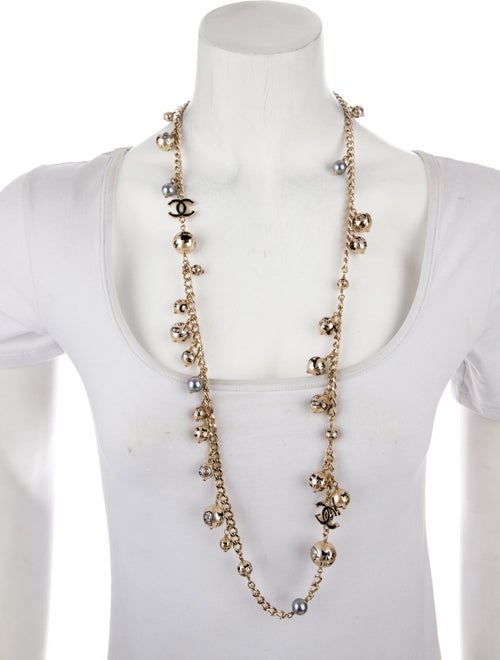 Chanel Faux Pearl & Resin CC Logo Station Long Necklace