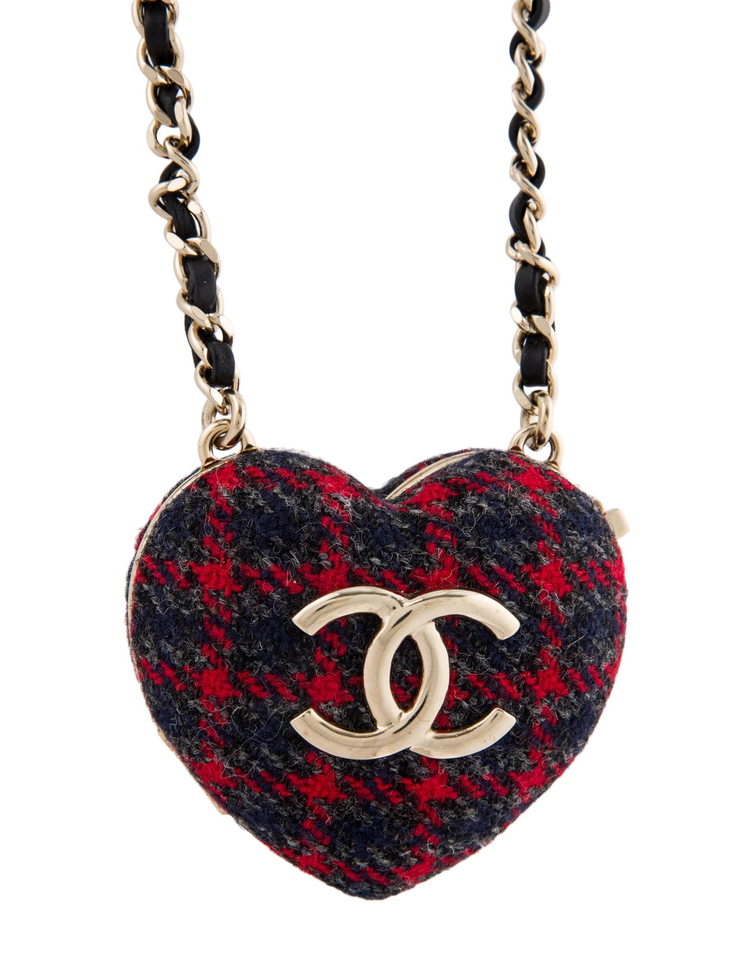 Chanel 2022 Tweed & Leather CC Heart Locket Pendant Necklace