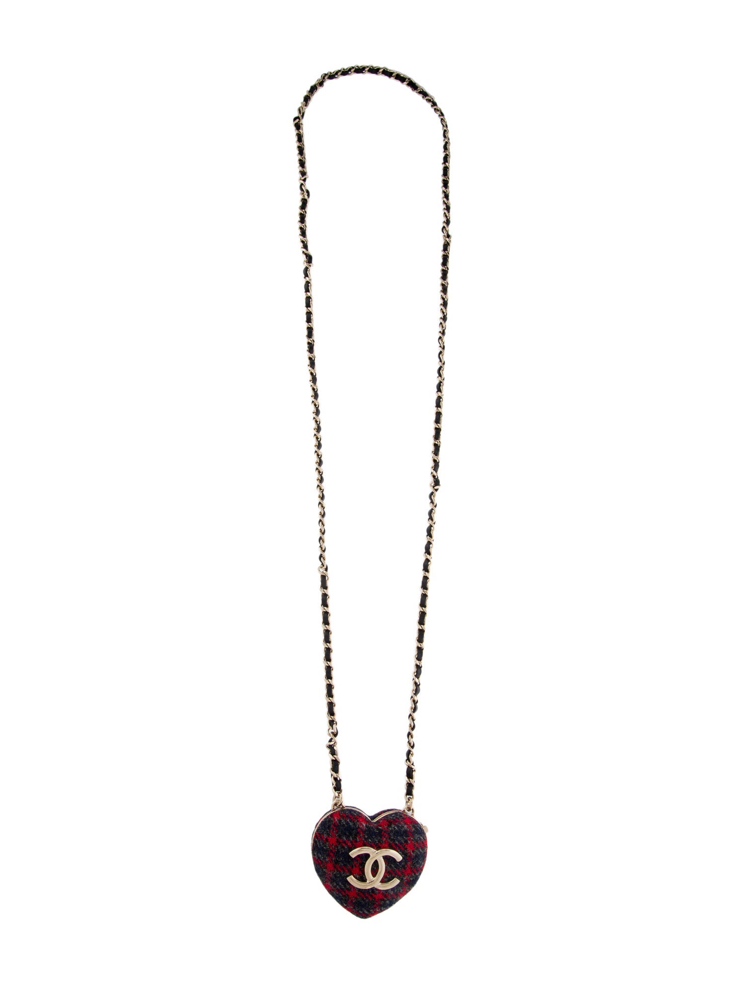 Chanel 2022 Tweed & Leather CC Heart Locket Pendant Necklace