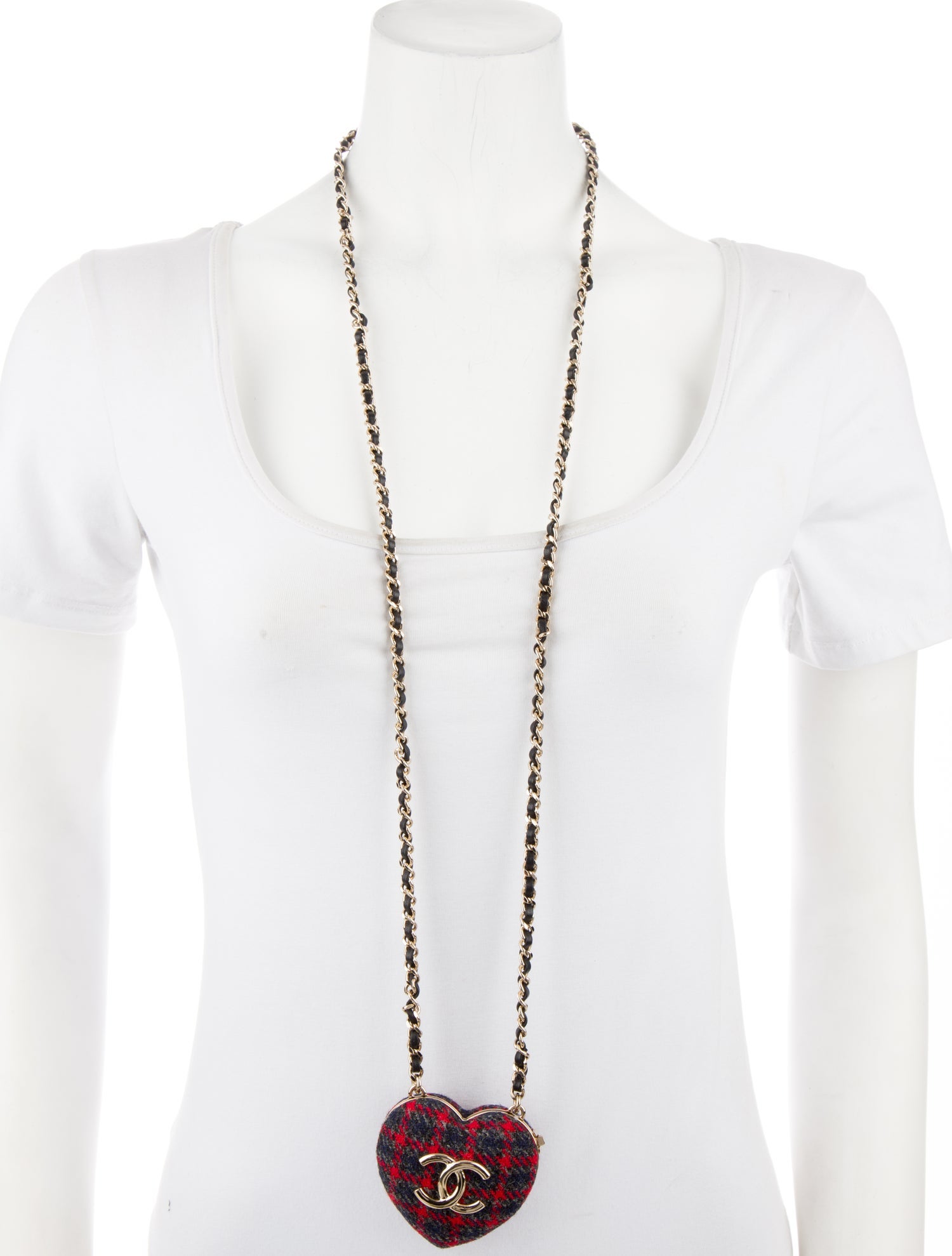 Chanel 2022 Tweed & Leather CC Heart Locket Pendant Necklace