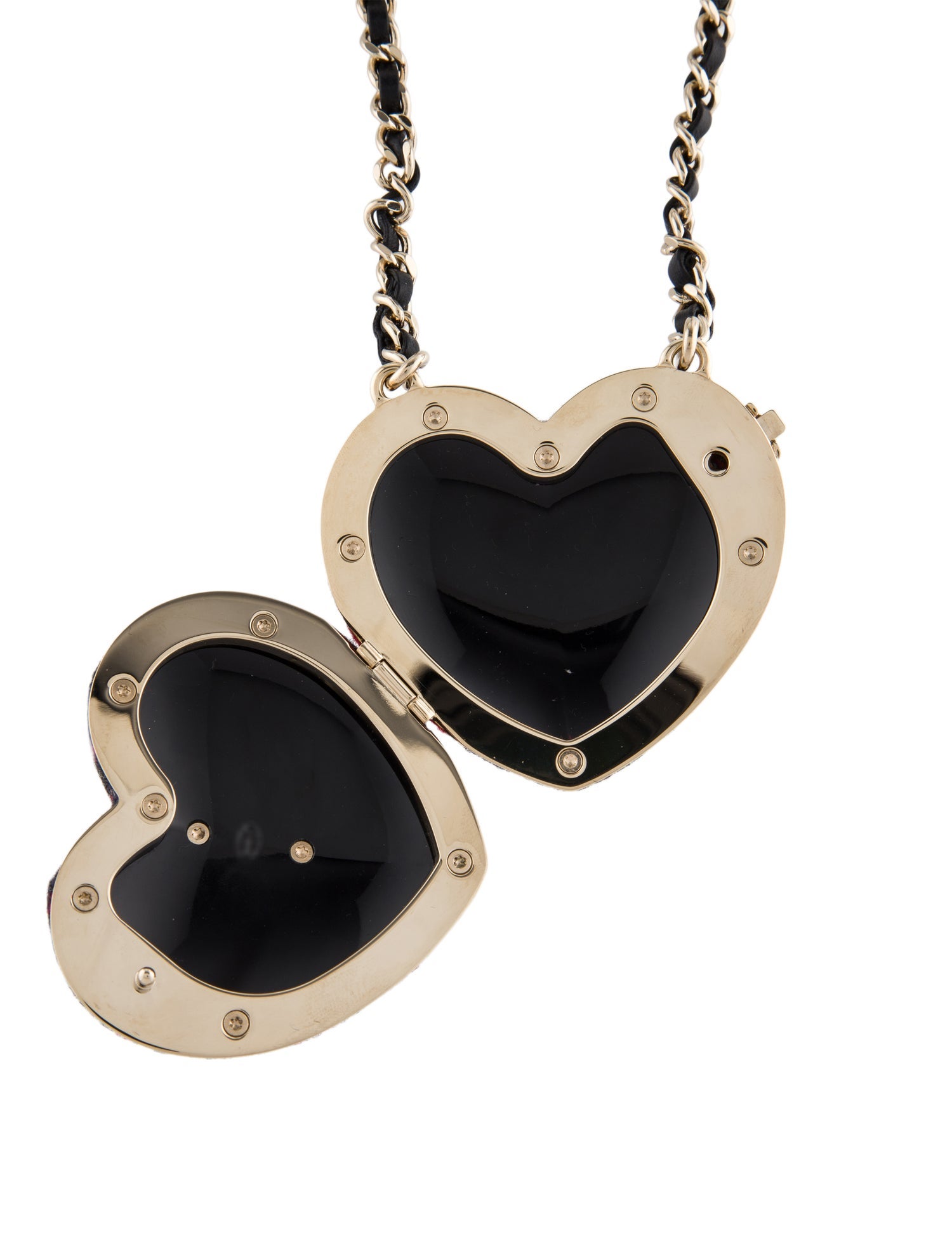 Chanel 2022 Tweed & Leather CC Heart Locket Pendant Necklace