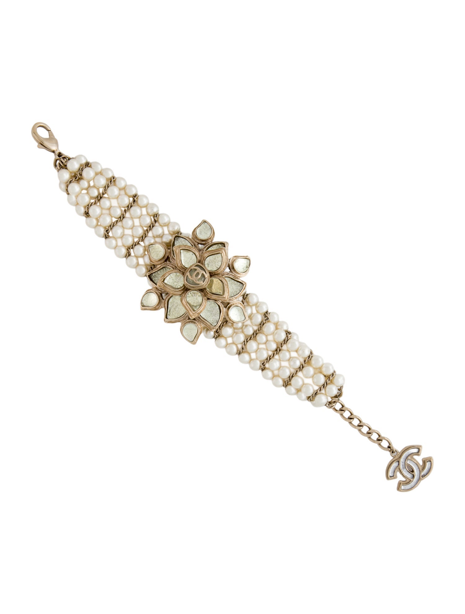 Chanel Faux Pearl & Resin Flower CC Multistrand Bracelet