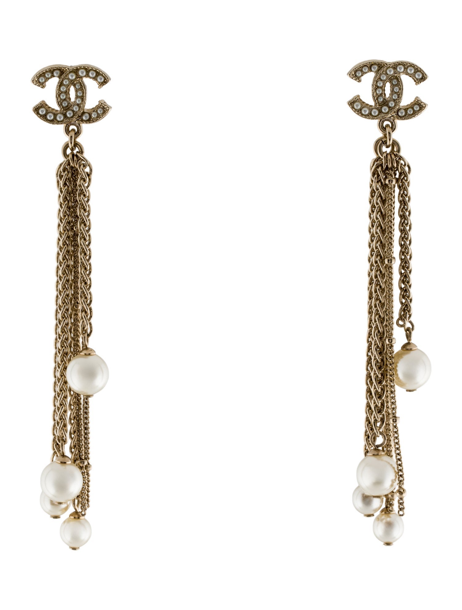 Chanel Faux Pearl CC Chain Drop Earrings