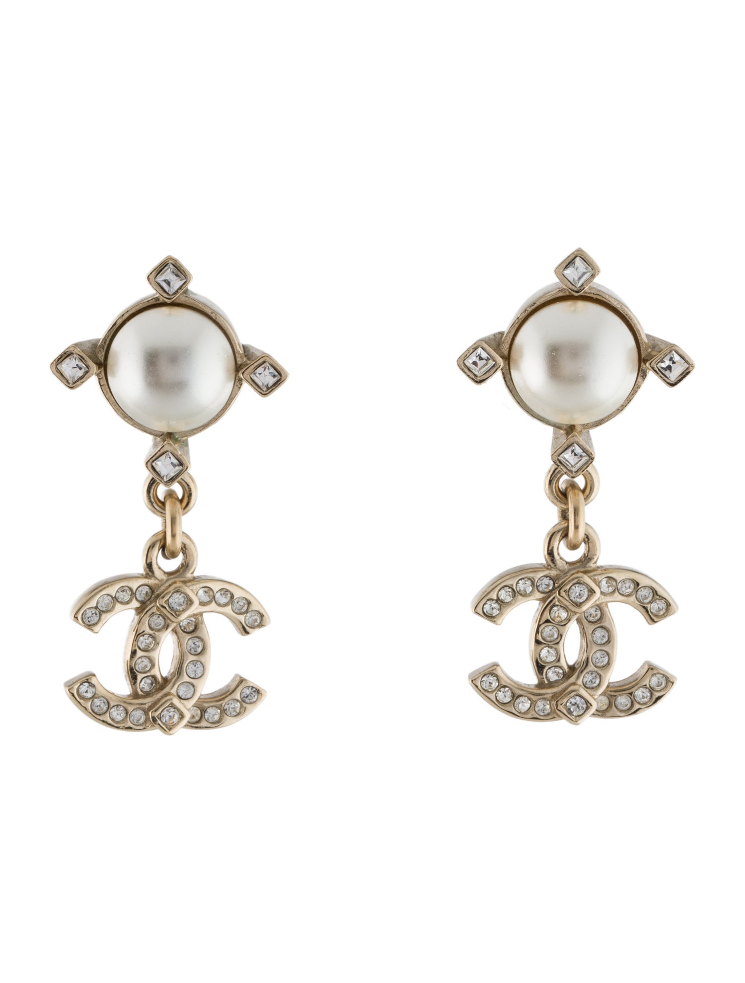 Chanel Faux Pearl & Strass CC Drop Earrings