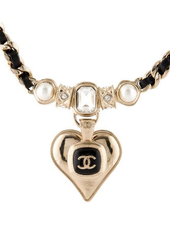 Chanel Strass, Leather & Resin CC Heart Pendant Necklace