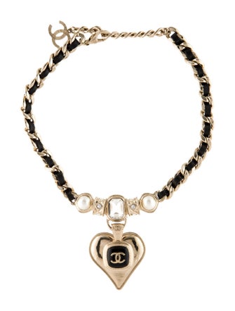 Chanel Strass, Leather & Resin CC Heart Pendant Necklace