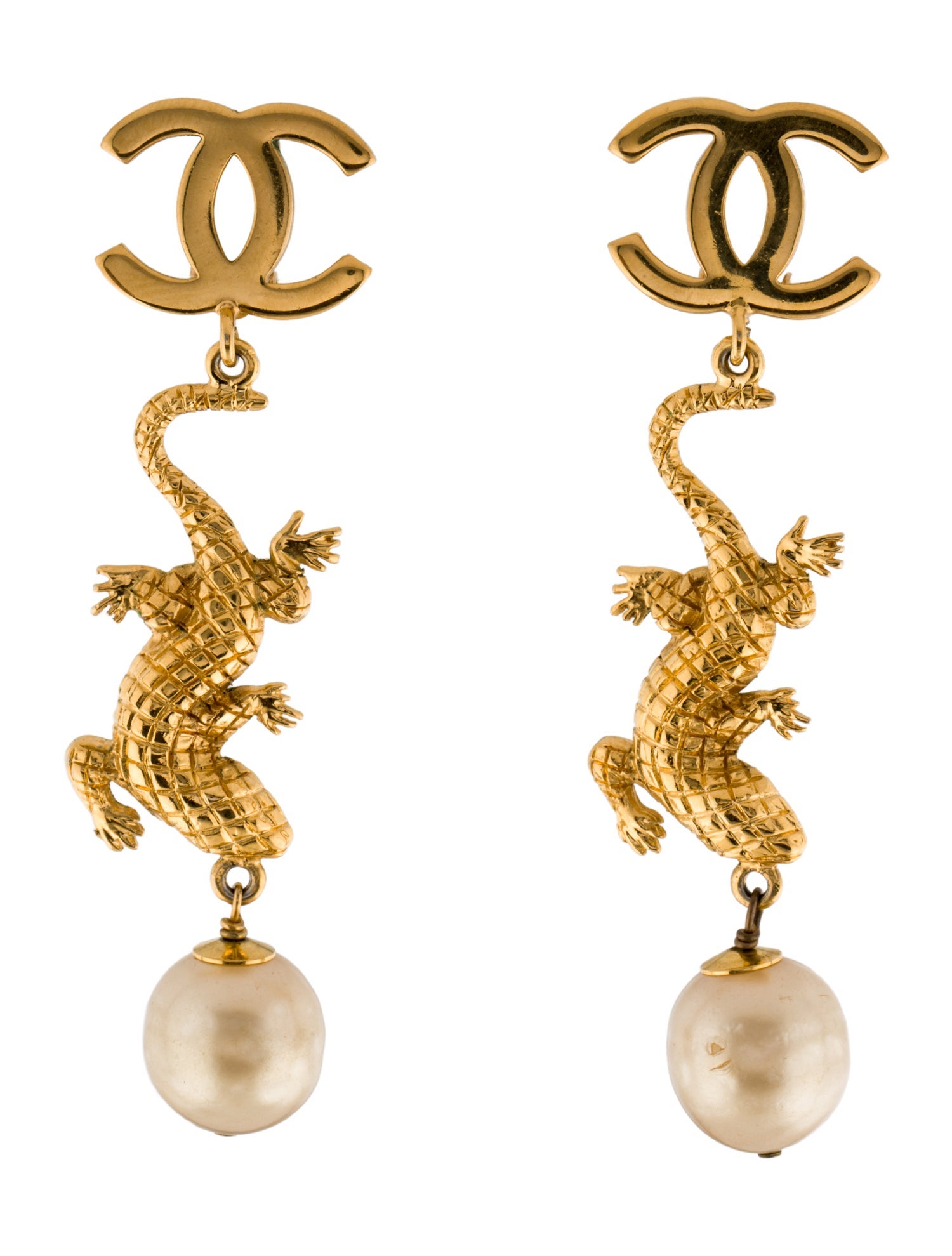Chanel Vintage Faux Pearl CC Lizard Drop Clip-On Earrings