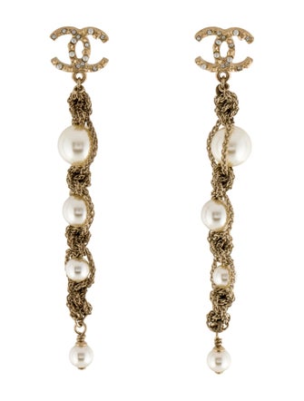 Chanel Faux Pearl & Strass CC Twisted Chain Drop Earrings