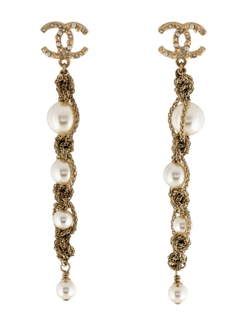 Chanel Faux Pearl & Strass CC Twisted Chain Drop Earrings