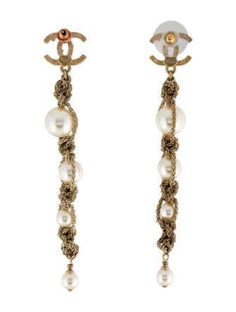 Chanel Faux Pearl & Strass CC Twisted Chain Drop Earrings
