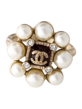 Chanel Faux Pearl, Strass & Resin CC Cocktail Ring
