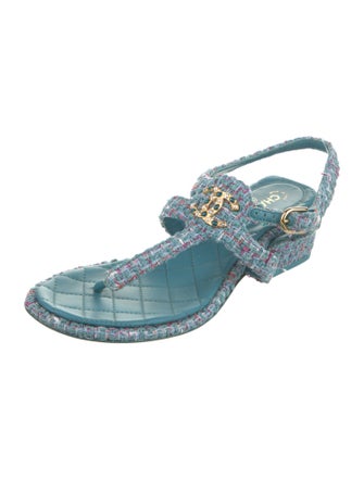 Chanel Interlocking CC Logo Tweed Slingback Sandals