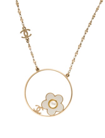 Chanel Faux Pearl CC Camellia Pendant Necklace