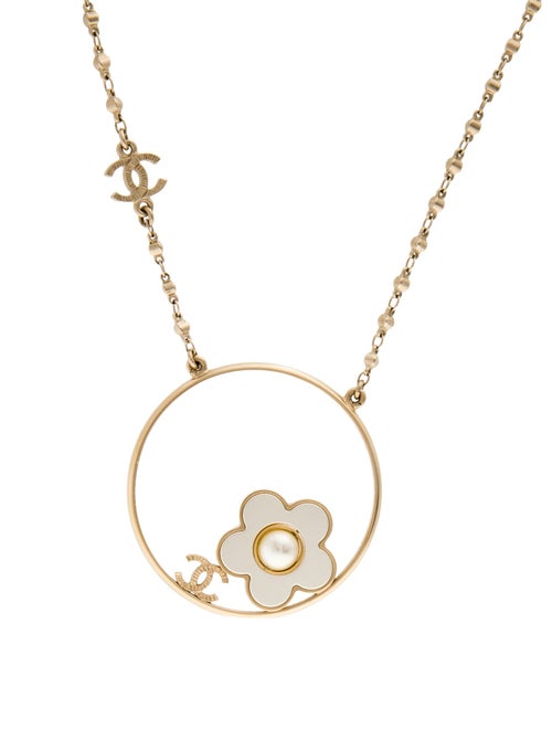 Chanel Faux Pearl CC Camellia Pendant Necklace