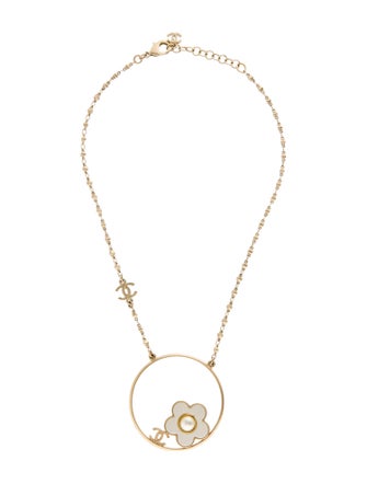 Chanel Faux Pearl CC Camellia Pendant Necklace