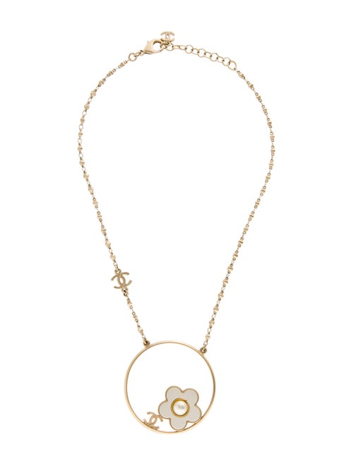Chanel Faux Pearl CC Camellia Pendant Necklace
