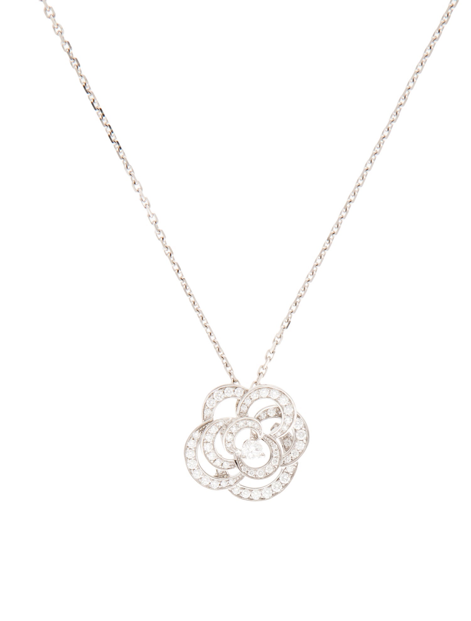 Chanel 18K Diamond Fil De Camelia Small Version Pendant Necklace