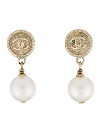 Chanel Faux Pearl CC Drop Earrings