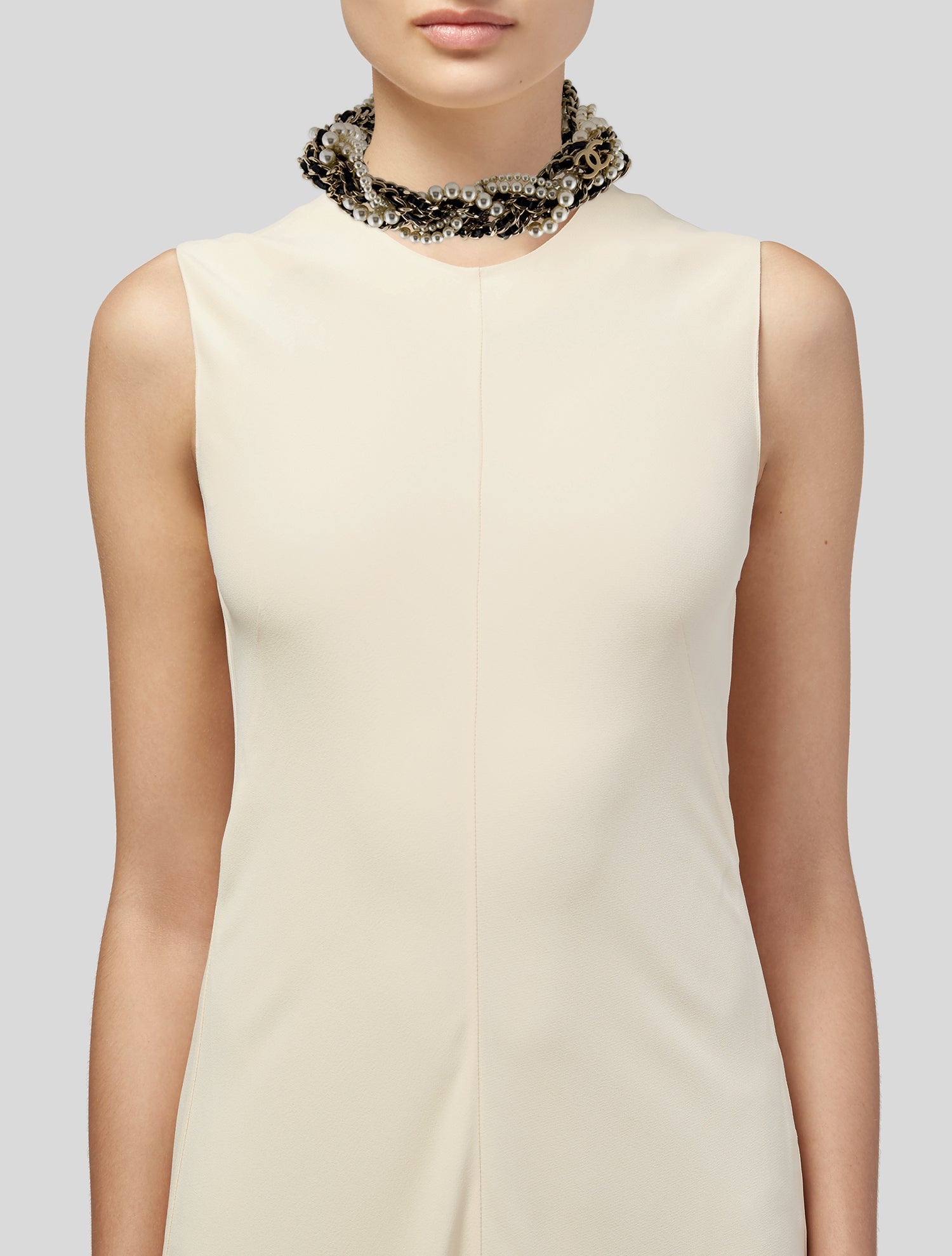 Chanel Faux Pearl & Leather Braided CC Choker Necklace