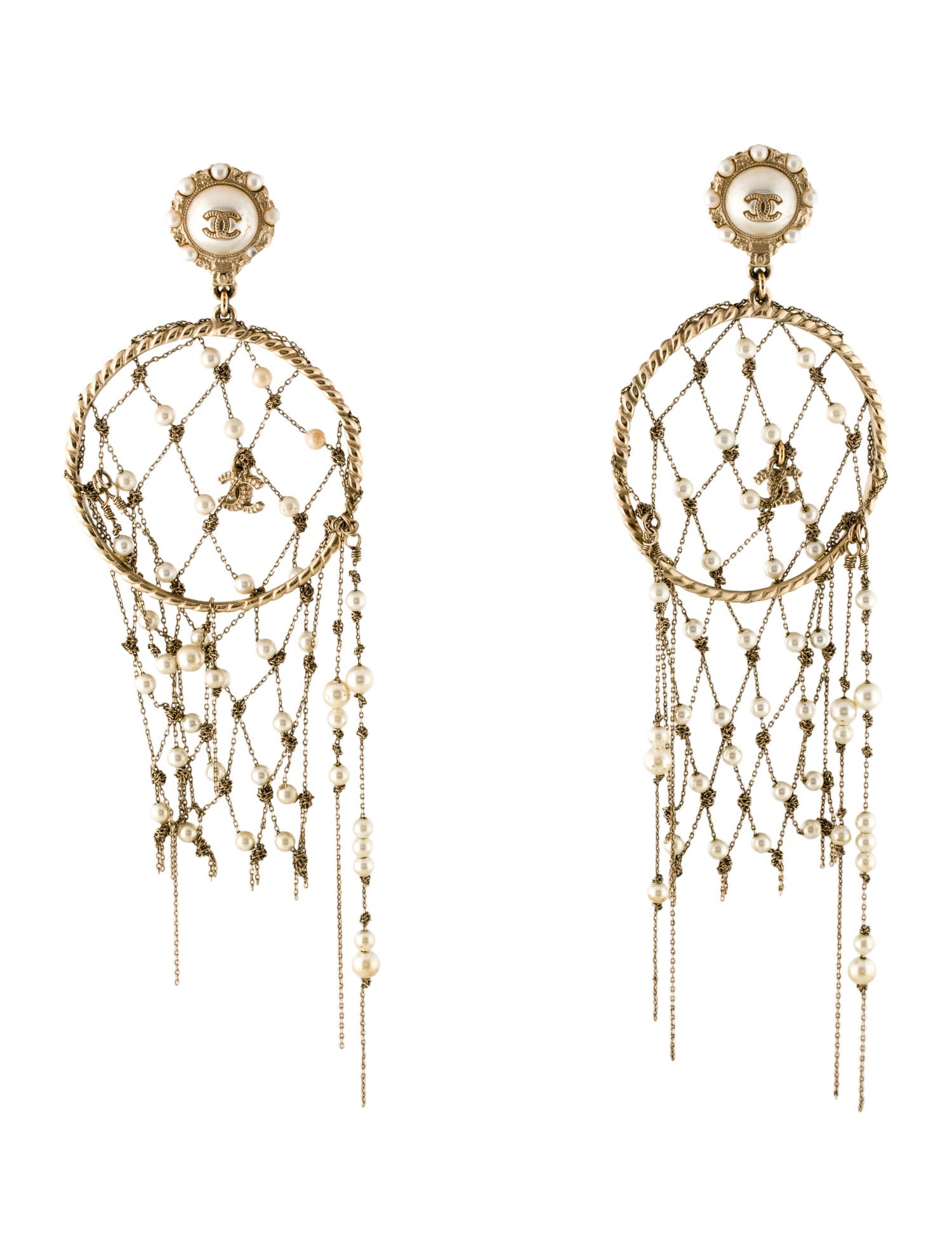 Chanel Faux Pearl CC Dreamcatcher Drop Earrings