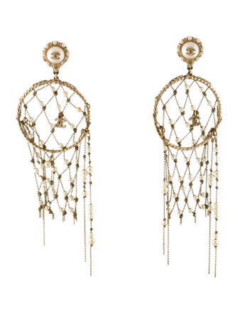 Chanel Faux Pearl CC Dreamcatcher Drop Earrings